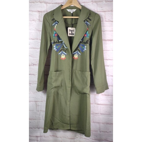 Davi & Dani Open Duster Sz S Green Embroidered Open Long Pockets Boho Hipster - Picture 1 of 11